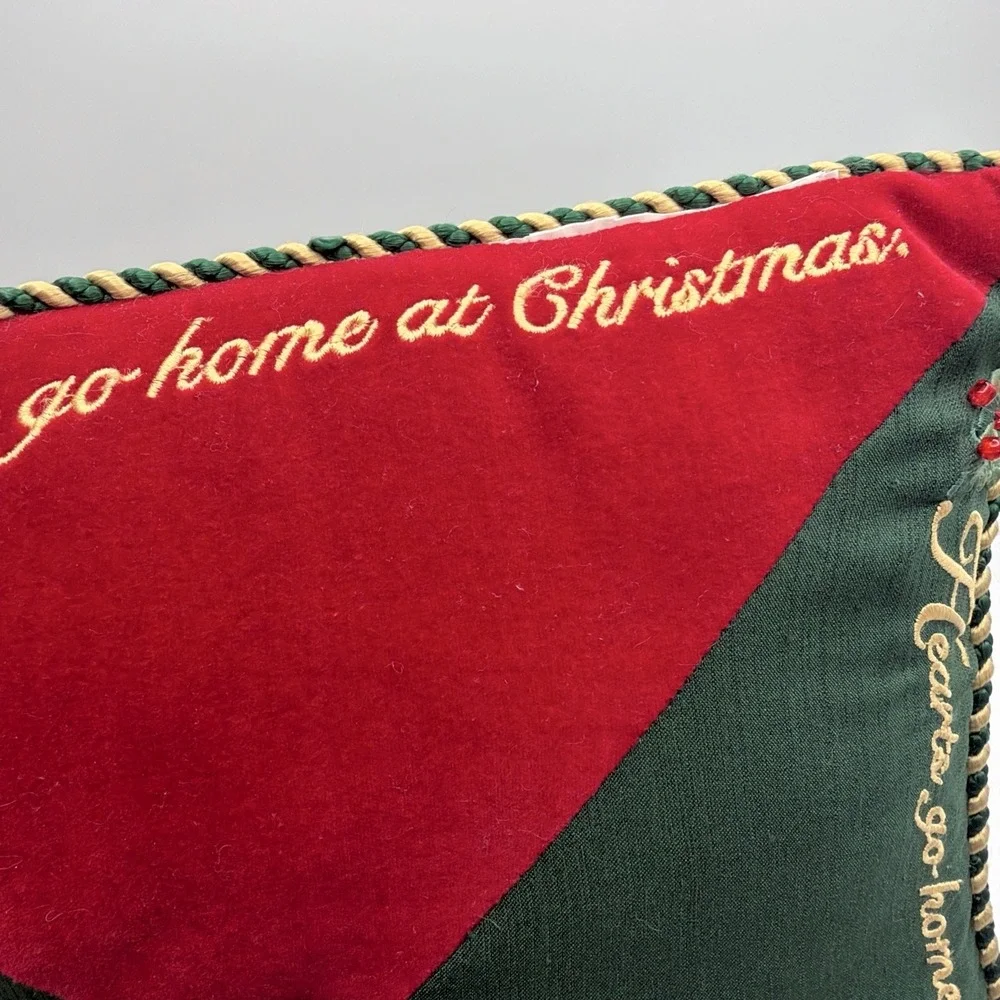 Merry Christmas Throw Pillow Hearts Go Home Embroidered Velvet Beaded 11x11